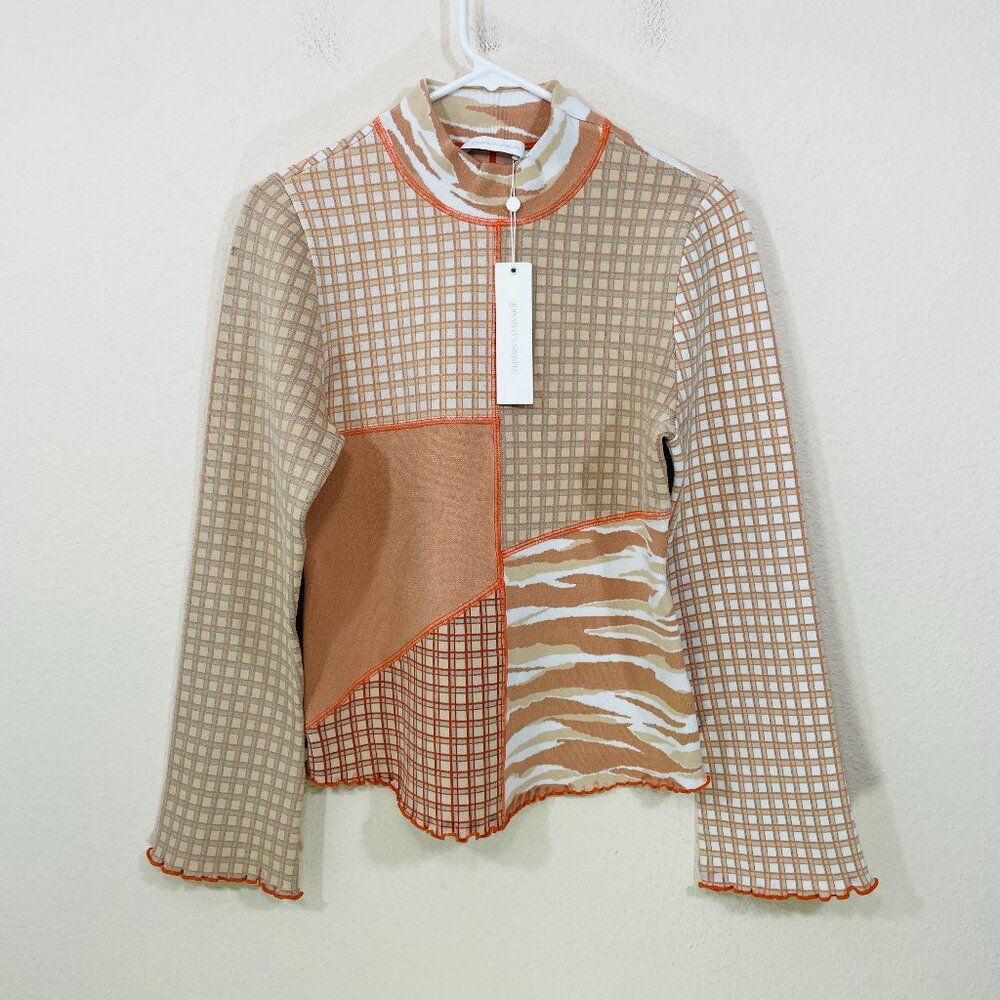 NEW Jonathan‎ Simkhai Xena Patchwork Knit Top Sz L Caramel Combo Mock Neck NWT